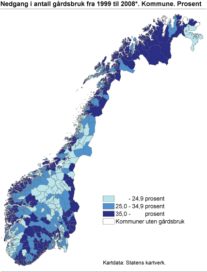 Figur: Nedgang i antall gårdsbruk fra 1999 til 2008