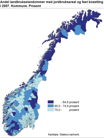 Figur: Andel landbrukseiendommer med jordbruksareal og fast bosetting i 2007