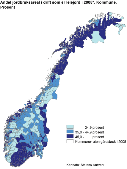 Figur: Andel jordbruksareal i drift som er leiejord i 2008