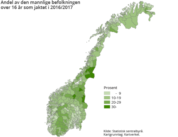 Figur 4. Andel av den mannlige befolkningen over 16 år som jaktet i 2016/2017