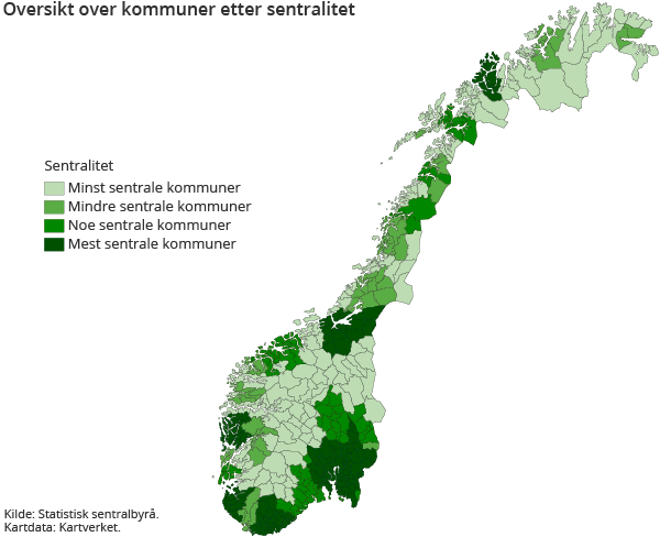 Figur 4. Oversikt over kommuner etter sentralitet Figur 4. Oversikt over kommuner etter sentralitet