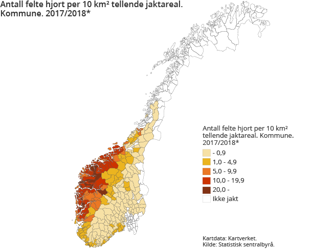 Figur 2. Antall felte hjort per 10 km2 tellende jaktareal. Kommune. Foreløpige tall. 2017/2018 Figur 2. Antall felte hjort per 10 km2 tellende jaktareal. Kommune. Foreløpige tall. 2017/2018