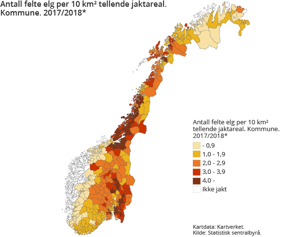 Figur 3. Antall felte elg per 10 km² tellende jaktareal. Kommune. Foreløpige tall. 2017/2018 Figur 3. Antall felte elg per 10 km² tellende jaktareal. Kommune. Foreløpige tall. 2017/2018