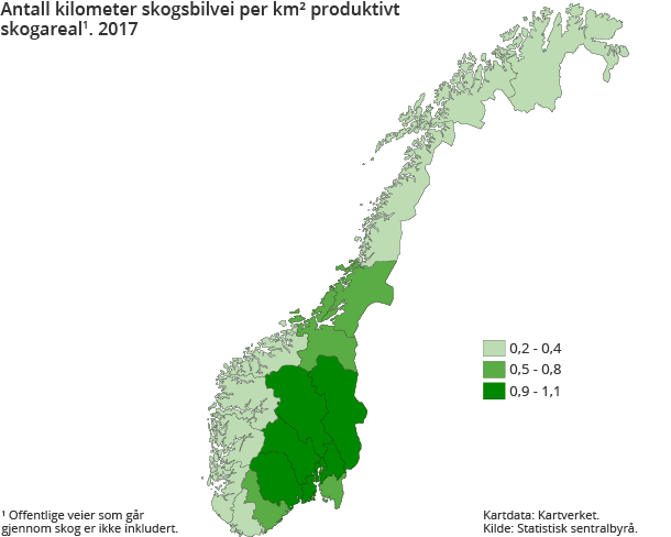 Figur 4. Antall kilometer skogsbilvei per km² produktivt 