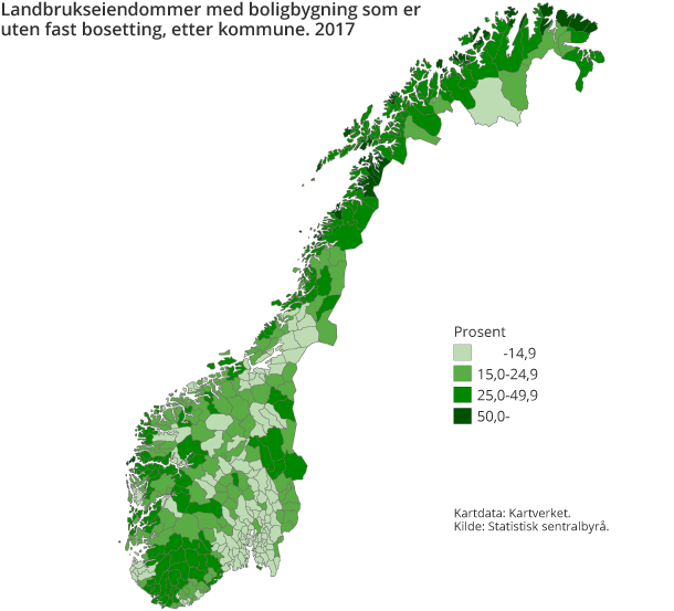 Figur 1. Landbrukseiendommer med boligbygning som er uten fast bosetting, etter kommune. 2017