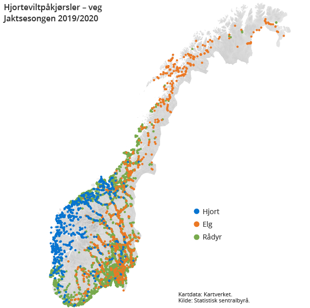 Figur 2. Hjorteviltpåkjørsler – veg. Jaktsesongen 2019/2020 Figur 2. Hjorteviltpåkjørsler – veg. Jaktsesongen 2019/2020