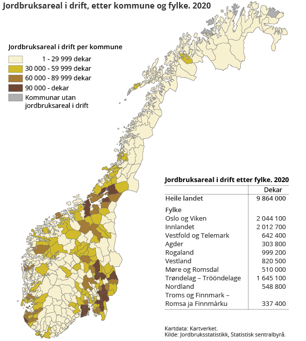 Figur 2. Jordbruksareal i drift, etter kommune og fylke. 2020 Figur 2. Jordbruksareal i drift, etter kommune og fylke. 2020