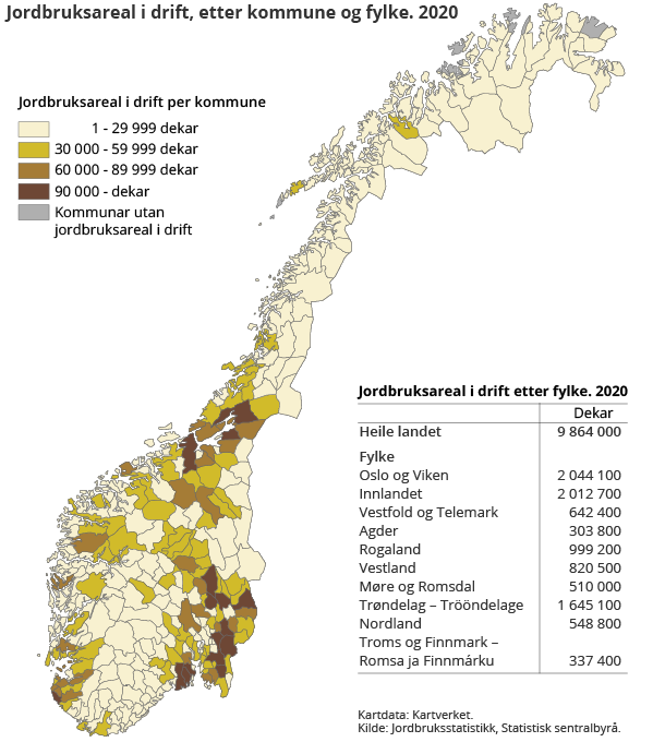 Figur 2. Jordbruksareal i drift, etter kommune og fylke. 2020