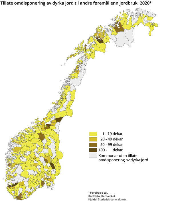 Figur 2. Tillate omdisponering av dyrka jord til andre føremål enn jordbruk. 2020 Figur 2. Tillate omdisponering av dyrka jord til andre føremål enn jordbruk. 2020