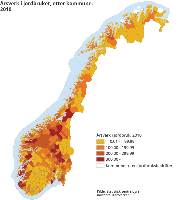 Årsverk i jordbruket, etter kommune. 2010