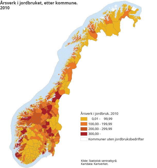 Årsverk i jordbruket, etter kommune. 2010 Årsverk i jordbruket, etter kommune. 2010