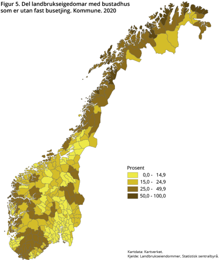 Kartet viser del landbrukseigedomar med bustadhus som er utan fast busetjing.