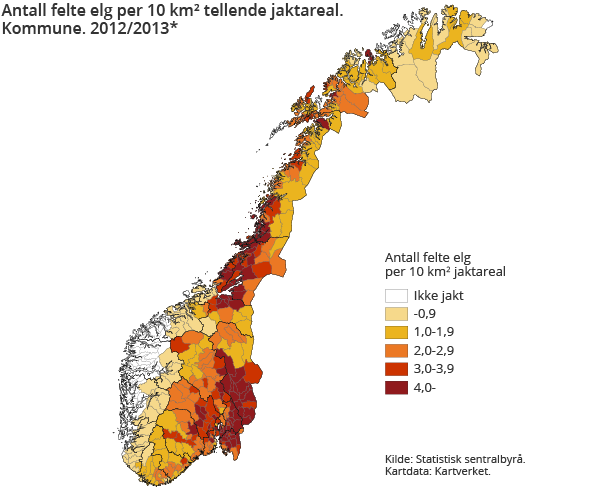 Antall felte elg per 10 km² tellende jaktareal. Kommune. 2012/2013* Antall felte elg per 10 km² tellende jaktareal. Kommune. 2012/2013*