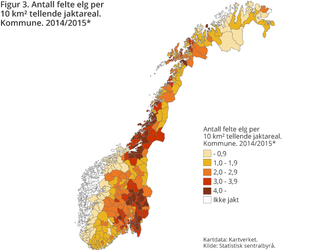 Figur 3. Antall felte elg per 10 km² tellende jaktareal. Kommune. 2014/2015* Figur 3. Antall felte elg per 10 km² tellende jaktareal. Kommune. 2014/2015*