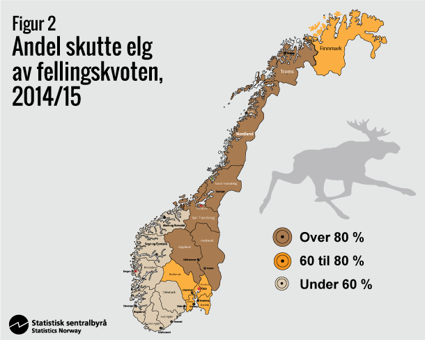 Figur 2. Andel skutte elg av fellingskvoten, 2014/15