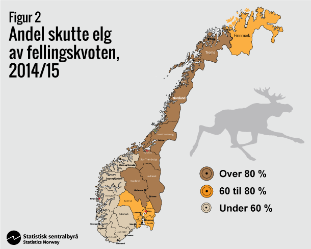 Figur 2. Andel skutte elg av fellingskvoten, 2014/15 Figur 2. Andel skutte elg av fellingskvoten, 2014/15