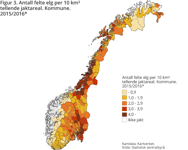 Figur 3. Antall felte elg per 10 km² tellende jaktareal. Kommune. 2015/2016*