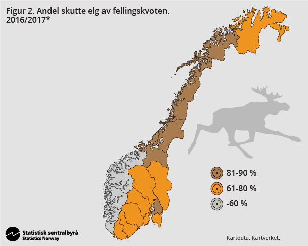 Figur 2. Andel skutte elg av fellingskvoten. Foreløpige tall. 2016/2017 Figur 2. Andel skutte elg av fellingskvoten. Foreløpige tall. 2016/2017