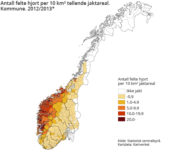 Antall felte hjort per 10 km² tellende jaktareal. Kommune. 2012/2013*