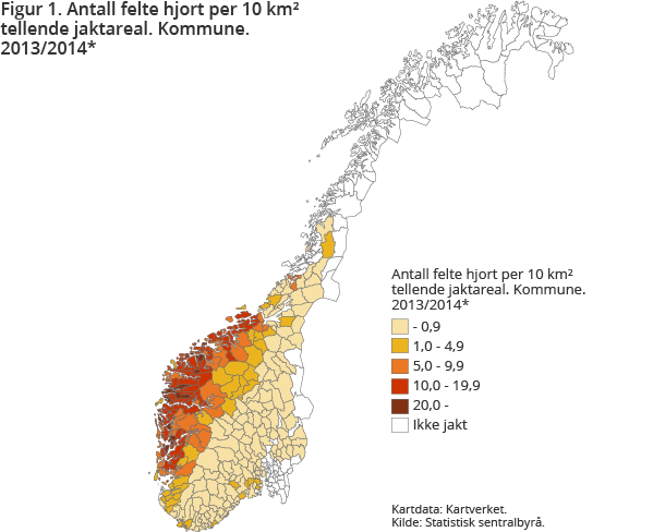 Figur 1. Antall felte hjort per 10 km² tellende jaktareal. Kommune. 2013/2014*