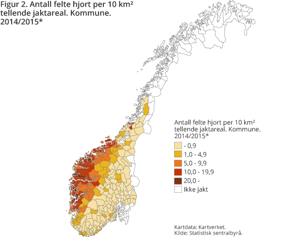 Figur 2. Antall felte hjort per 10 km² tellende jaktareal. Kommune. 2014/2015*