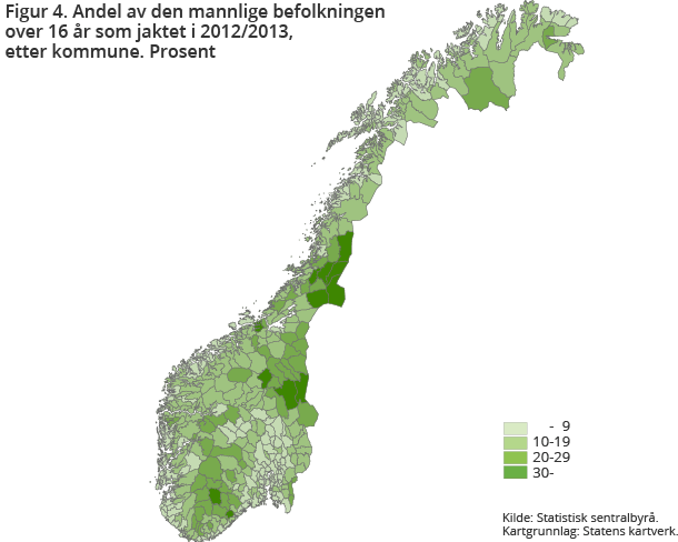 Andel av den mannlige befolkningenover 16 år som jaktet i 2012/2013,etter kommune. Prosent
