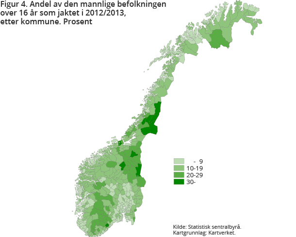 Figur 4. Andel av den mannlige befolkningen over 16 år som jaktet i 2012/2013, etter kommune. Prosent