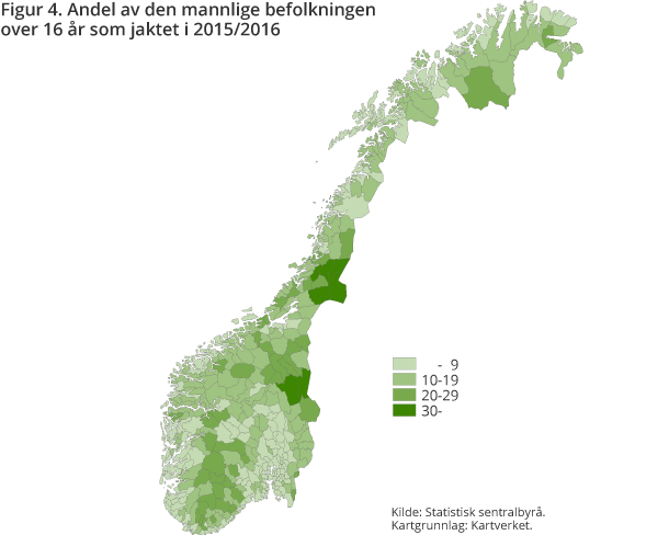 Figur 4. Andel av den mannlige befolkningen over 16 år som jaktet i 2015/2016 Figur 4. Andel av den mannlige befolkningen over 16 år som jaktet i 2015/2016