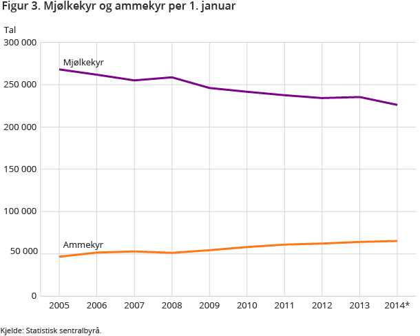 Figur 3. Mjølkekyr og ammekyr per 1. januar