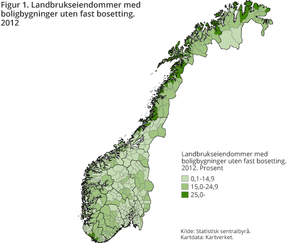 Kartet viser hvor stor andel av landbrukseiendommene med bolig som er ubebodd i de ulike kommunene.