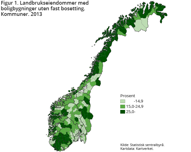 Figur 1. Landbrukseiendommer med boligbygninger uten fast bosetting. Kommuner. 2013 Figur 1. Landbrukseiendommer med boligbygninger uten fast bosetting. Kommuner. 2013