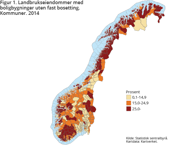 Figur 1. Landbrukseiendommer med boligbygninger uten fast bosetting. Kommuner. 2014