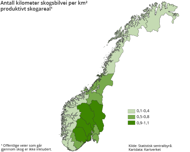 Antall kilometer skogsbilvei per km² produktivt skogareal