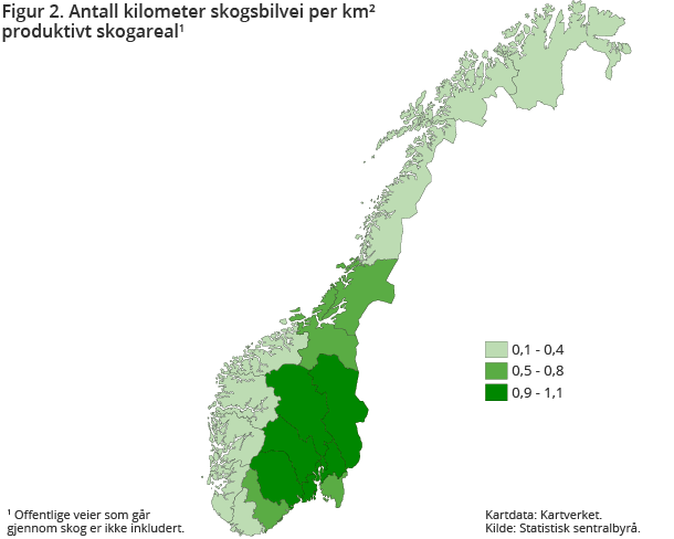 Figur 2. Antall kilometer skogsbilvei per km² produktivt skogareal