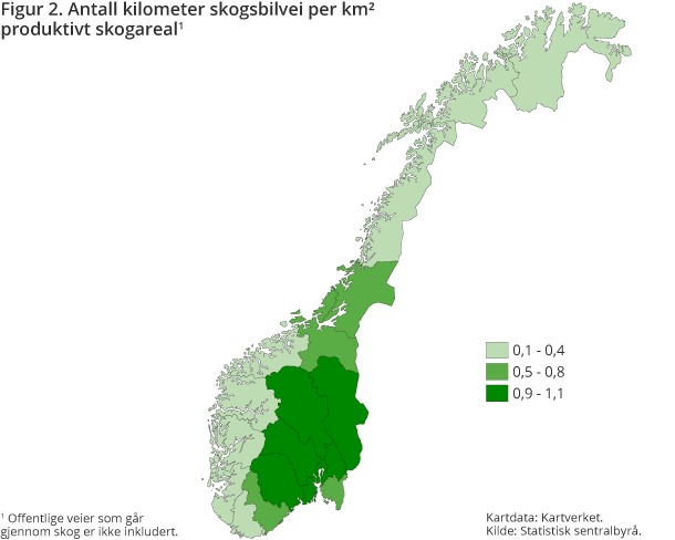 Figur 2. Antall kilometer skogsbilvei pr km² produktivt skogareal