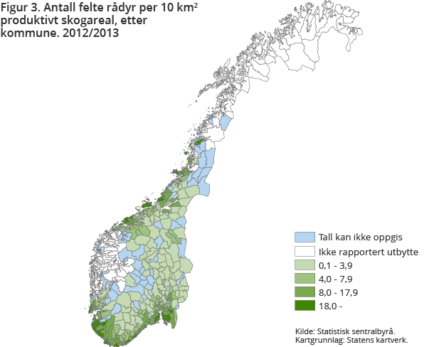 Figur 3. Antall felte rådyr per 10 km2 produktivt skogareal, etter kommune. 2012/2013 Figur 3. Antall felte rådyr per 10 km2 produktivt skogareal, etter kommune. 2012/2013