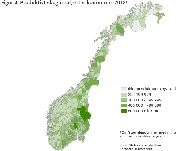 Kart over hvor stort det produktive skogarealet er i de ulike kommunene