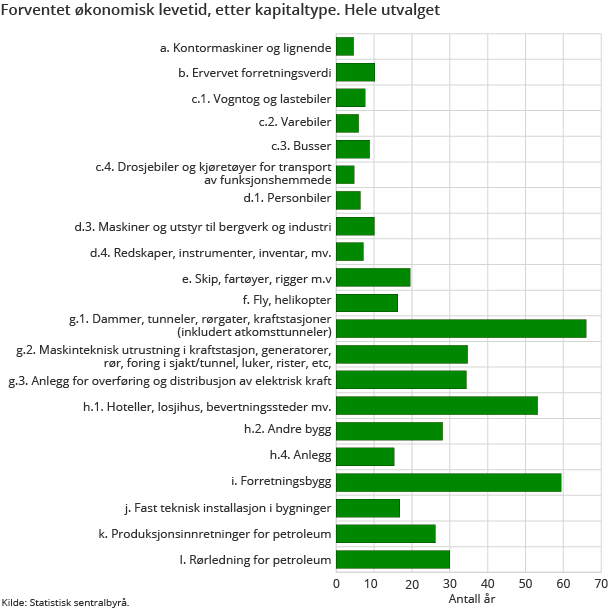 Forventet økonomisk levetid, etter kapitaltype. Hele utvalget