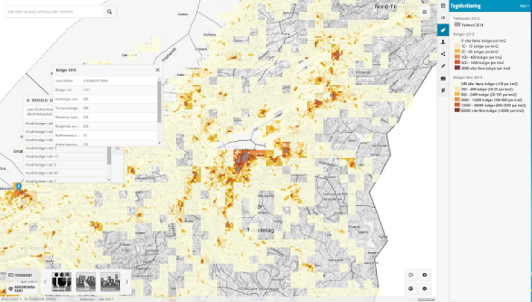 Skjermbilde av karttjenesten kart.ssb.no. På denne tjenesten kan brukere få innsyn i de GIS-datasettene som produseres og forvaltes av Statistisk sentralbyrå.