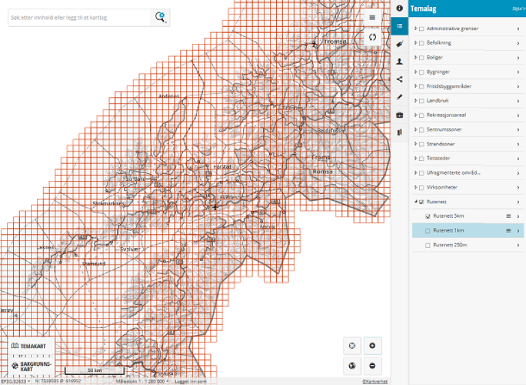 Skjermbilde fra kart.ssb.no som viser hvordan et rutenett med rutenettstørrelse dekker Norges geografi og kan brukes til statistiske formål.