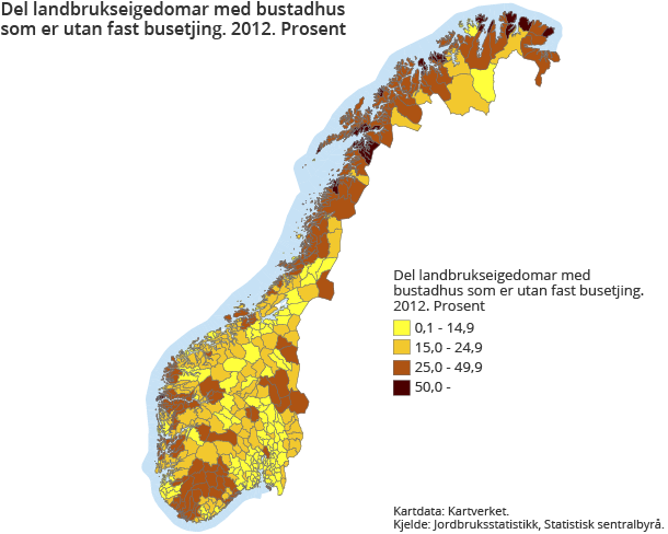 Dei landbrukseigedomar med bustadhus som er utan fast busetjing. 2012. Prosent Dei landbrukseigedomar med bustadhus som er utan fast busetjing. 2012. Prosent
