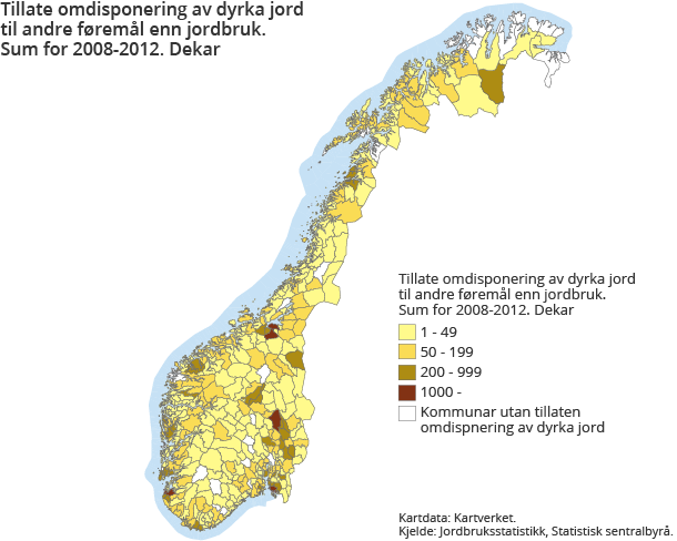 Tillate omdisponering av dyrka jord til andre føremål enn jordbruk. Sum for 2008-2012. Dekar