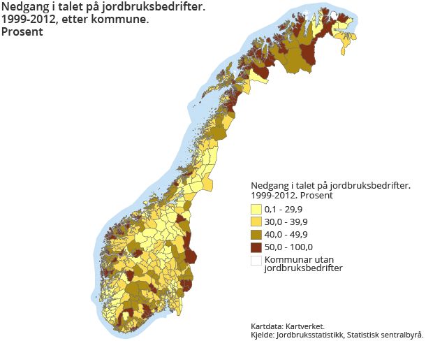 Nedgang i talet på jordbruksbedrifter. 1999-2012, etter kommune. Prosent Nedgang i talet på jordbruksbedrifter. 1999-2012, etter kommune. Prosent