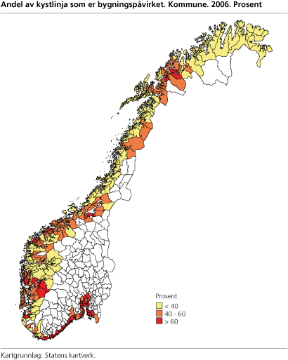 Figur: Andel av kystlinja som er bygningspåvirket. 2006. Prosent