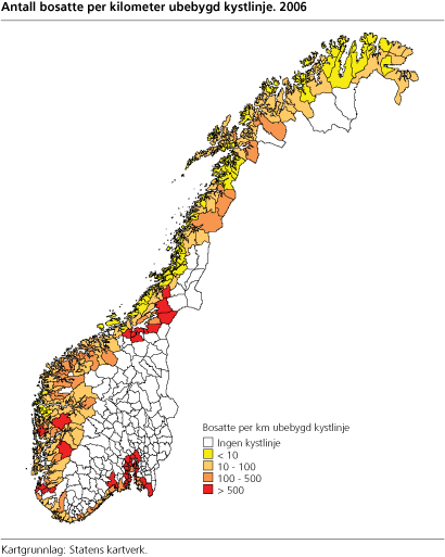Figur: Antall bosatte per kilometer ubebygd kystlinje. 2006