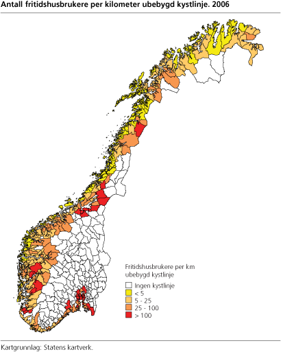 Figur: Antall fritidshusbrukere per kilometer ubebygd kystlinje. 2006