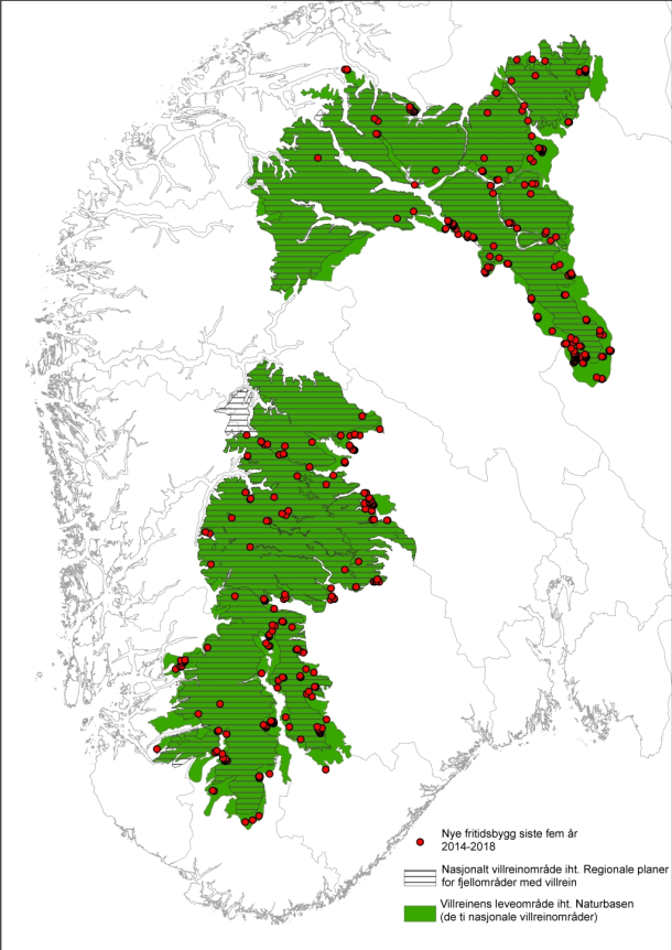 Villreinens leveområde1, nasjonale villreinområder2 og nye fritidsbygg siste fem år 2014-2019. Landet Villreinens leveområde1, nasjonale villreinområder2 og nye fritidsbygg siste fem år 2014-2019. Landet