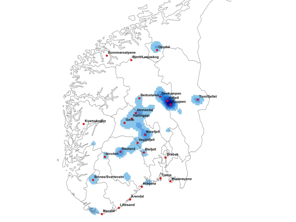 Kart 1 «Konsentrasjonskart»1 over nye fritidsbygg siste fem år 2014-2018
