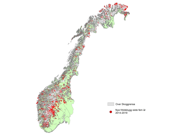 Kart 2 Nye fritidsbygg samlet over den klimatiske skoggrensa, 2014–2018