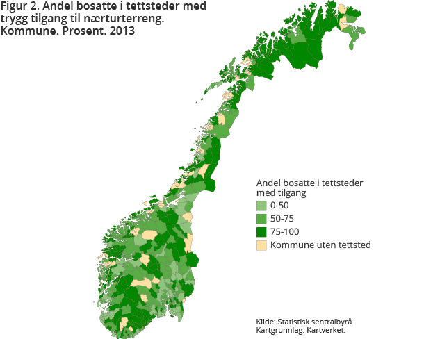 Figur 2. Andel bosatte i tettsteder med trygg tilgang til nærturterreng. Kommune. Prosent. 2013 Figur 2. Andel bosatte i tettsteder med trygg tilgang til nærturterreng. Kommune. Prosent. 2013